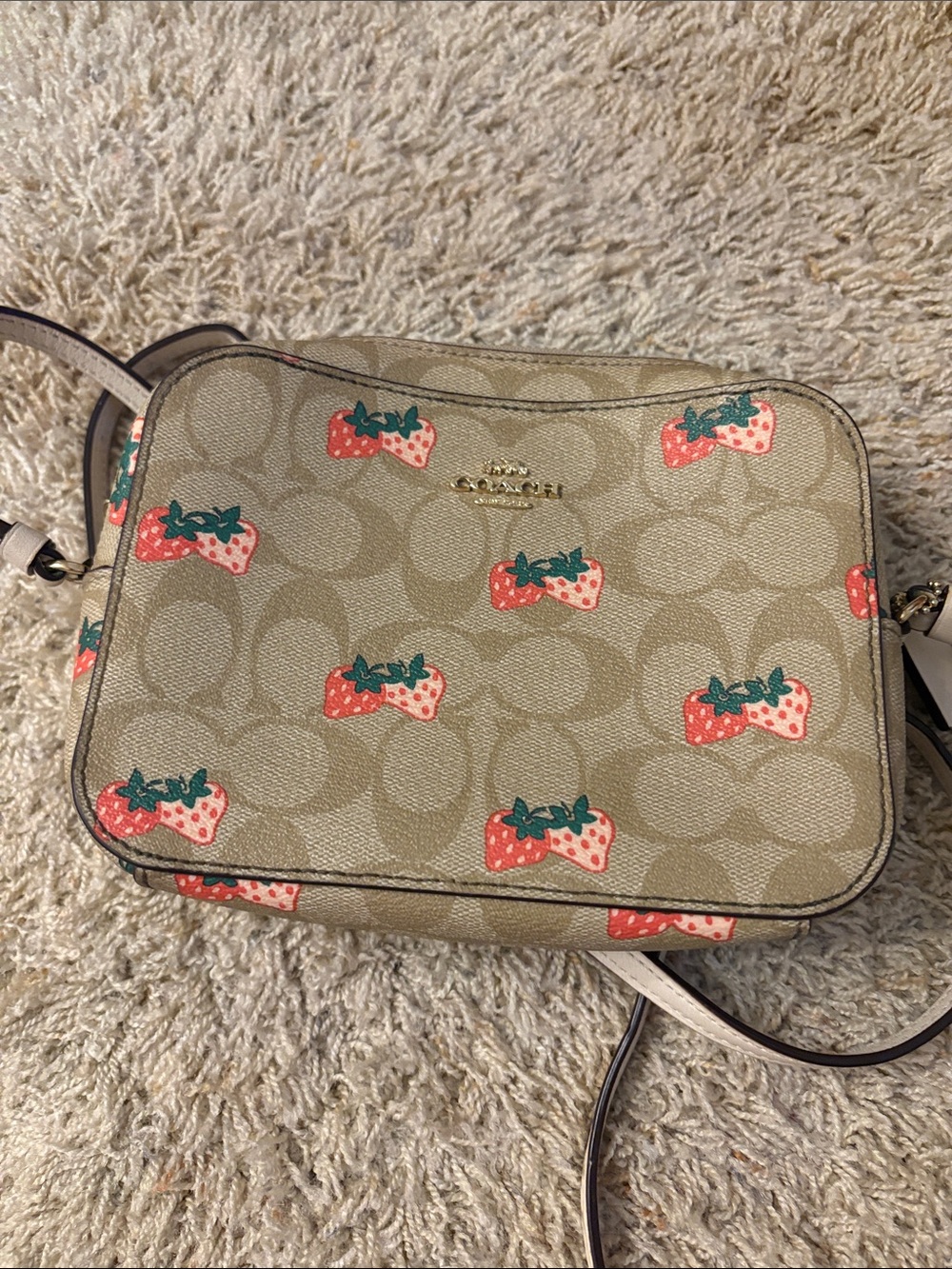 Coach Khaki Signature Strawberry Crossbody in Khaki/Red